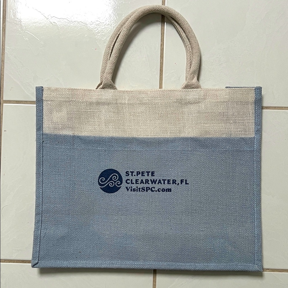 St. Pete Clearwater, Florida Blue & Cream Jute Tote Bag 17”x14”